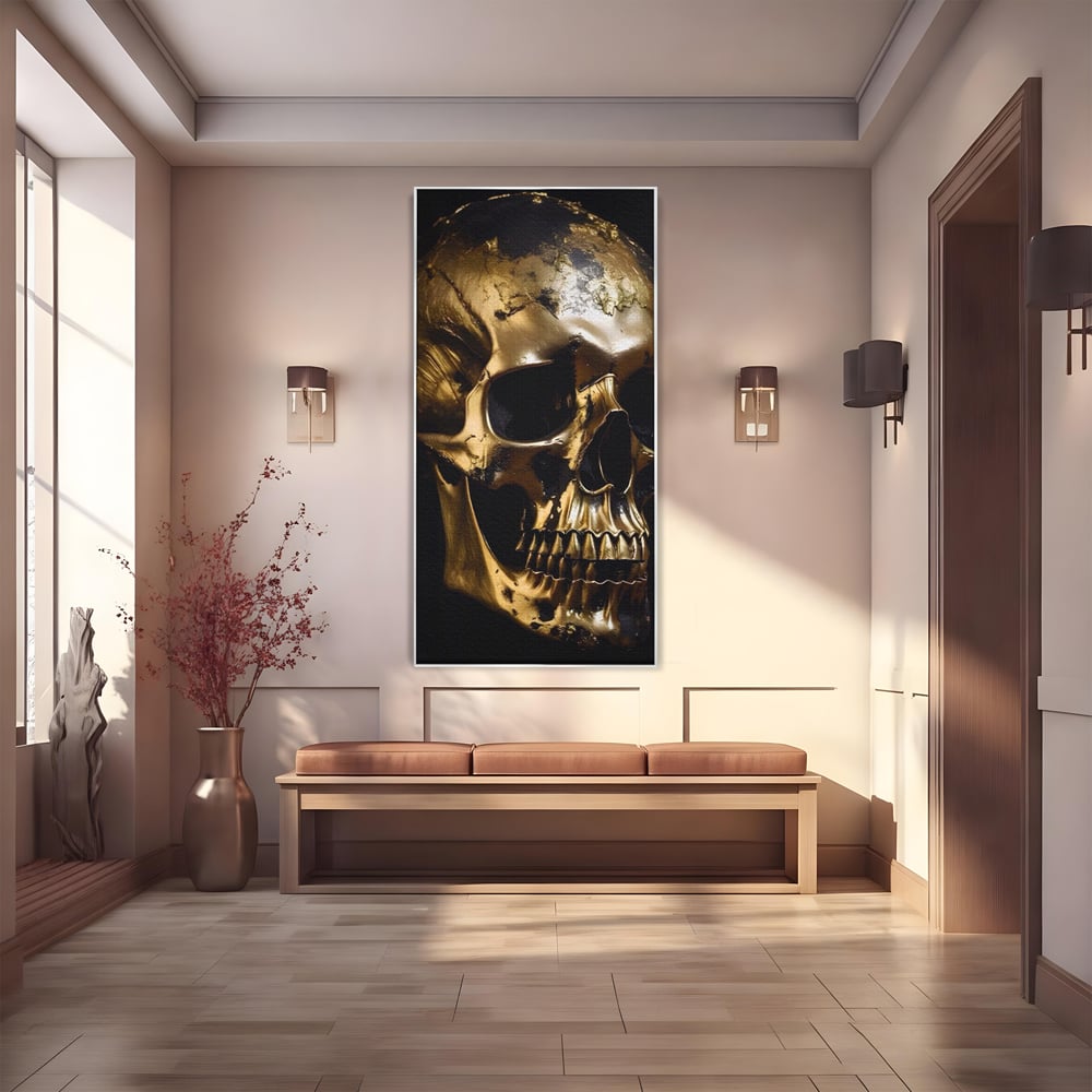 Tablou canvas cu tablou canvas cu craniu auriu, in rama de aluminiu argintiu
